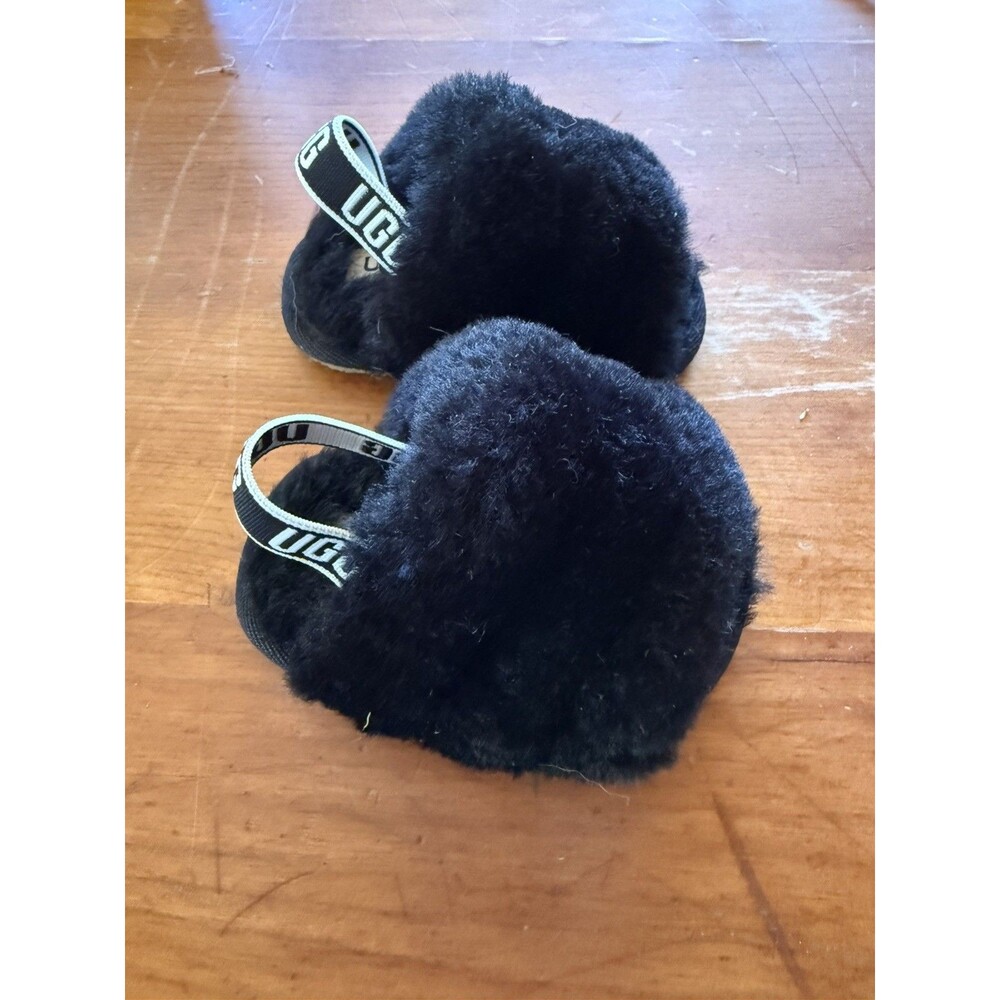Baby Slippers Ugg Brand Toddler Black Fur Size 02/03 Fluff Yeah Slide